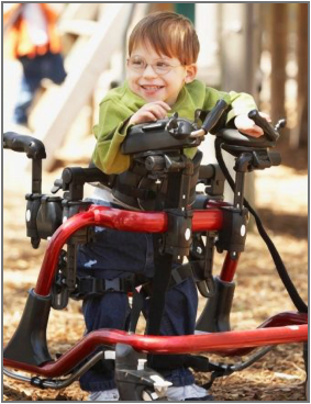 A child using a motorized walker.